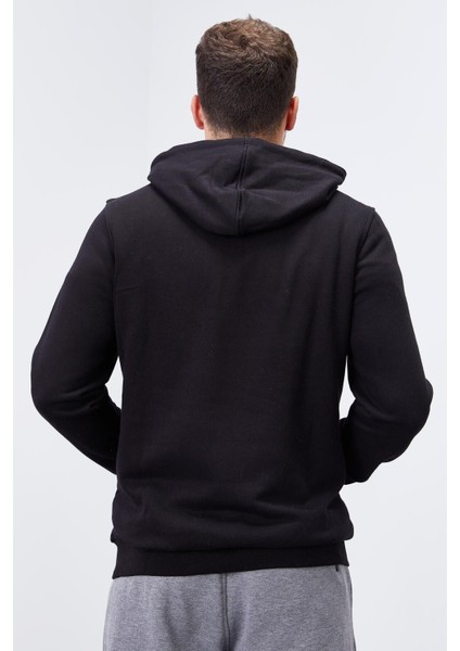 Siyah Nakışlı Kanguru Cep Standart Kalıp Kapüşonlu Erkek Sweatshirt - 87839