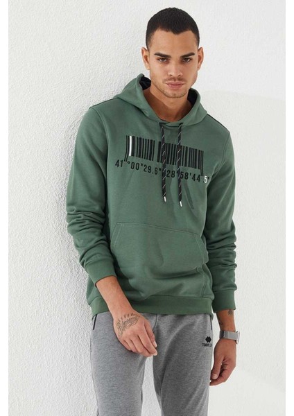 Yeşil Nakışlı Kanguru Cep Standart Kalıp Kapüşonlu Erkek Sweatshirt - 87839
