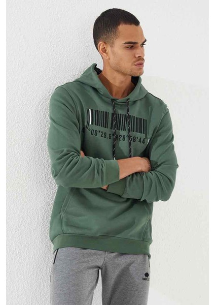 Yeşil Nakışlı Kanguru Cep Standart Kalıp Kapüşonlu Erkek Sweatshirt - 87839