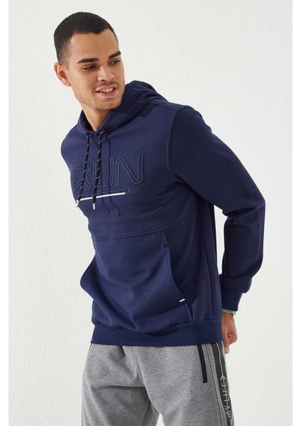 İndigo Yazı Nakışlı Standart Kalıp Kapüşonlu Erkek Sweatshirt - 87887