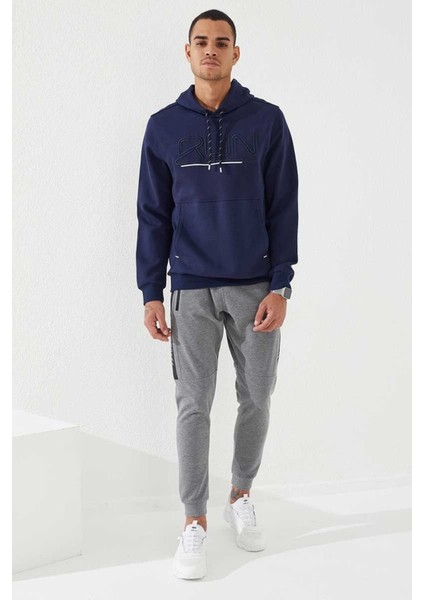 İndigo Yazı Nakışlı Standart Kalıp Kapüşonlu Erkek Sweatshirt - 87887