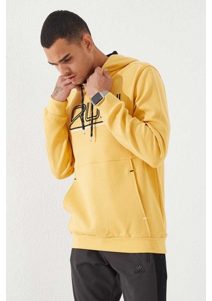 Hardal Yazı Nakışlı Standart Kalıp Kapüşonlu Erkek Sweatshirt - 87887