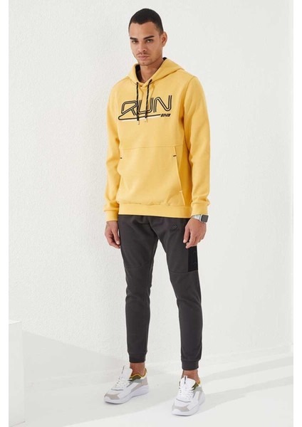 Hardal Yazı Nakışlı Standart Kalıp Kapüşonlu Erkek Sweatshirt - 87887