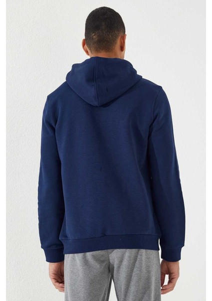 İndigo Nakışlı Kanguru Cep Standart Kalıp Kapüşonlu Erkek Sweatshirt - 87839