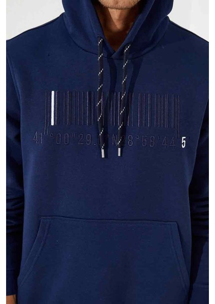 İndigo Nakışlı Kanguru Cep Standart Kalıp Kapüşonlu Erkek Sweatshirt - 87839