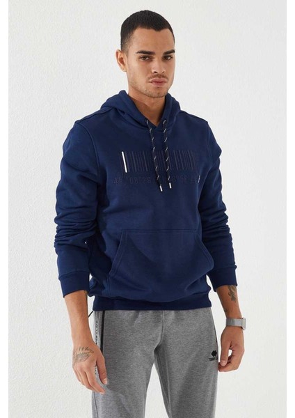 İndigo Nakışlı Kanguru Cep Standart Kalıp Kapüşonlu Erkek Sweatshirt - 87839