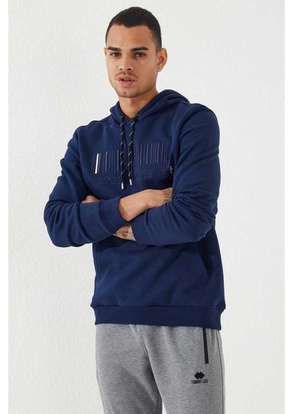İndigo Nakışlı Kanguru Cep Standart Kalıp Kapüşonlu Erkek Sweatshirt - 87839