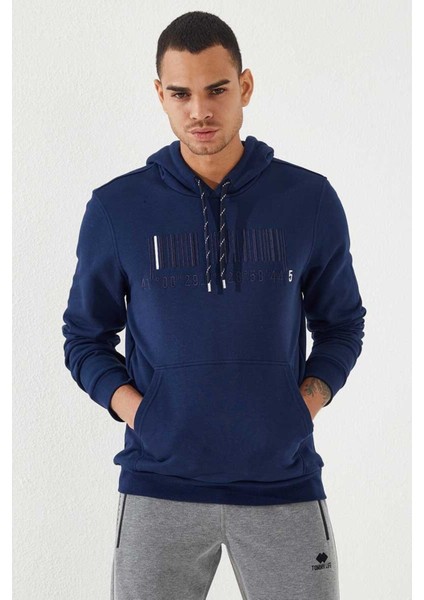 İndigo Nakışlı Kanguru Cep Standart Kalıp Kapüşonlu Erkek Sweatshirt - 87839