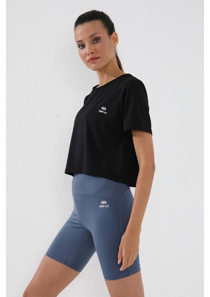 Siyah Basic Kısa Kol Standart Kalıp O Yaka Kadın Crop Top T-Shirt - 97143