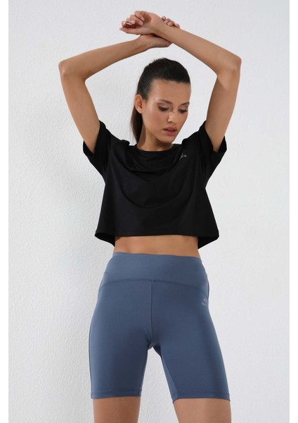 Siyah Basic Kısa Kol Standart Kalıp O Yaka Kadın Crop Top T-Shirt - 97143