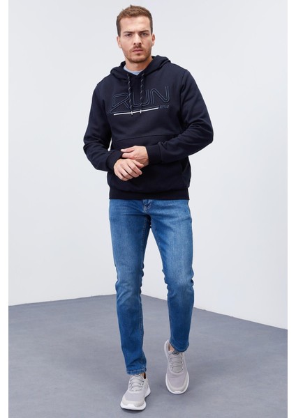 Tommy Life Lacivert Yazı Nakışlı Standart Kalıp Kapüşonlu Erkek Sweatshirt - 87887