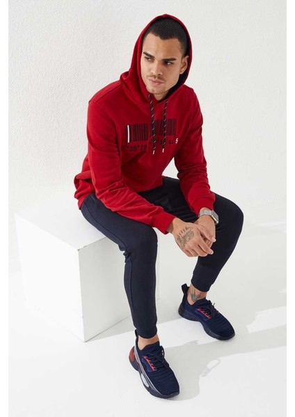 Kırmızı Nakışlı Kanguru Cep Standart Kalıp Kapüşonlu Erkek Sweatshirt - 87839
