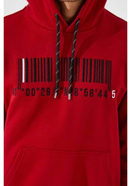 Kırmızı Nakışlı Kanguru Cep Standart Kalıp Kapüşonlu Erkek Sweatshirt - 87839