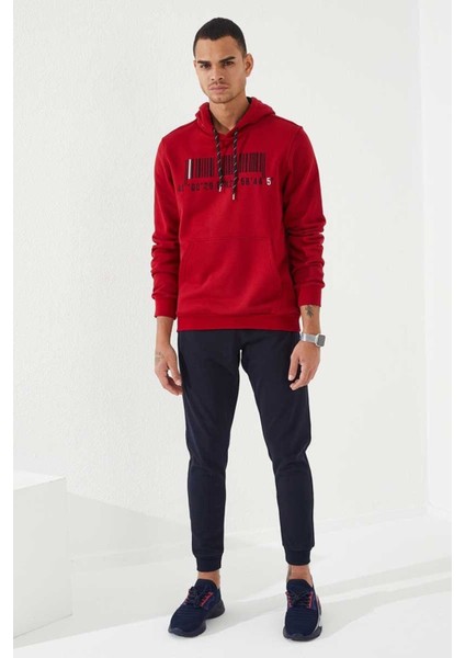 Kırmızı Nakışlı Kanguru Cep Standart Kalıp Kapüşonlu Erkek Sweatshirt - 87839