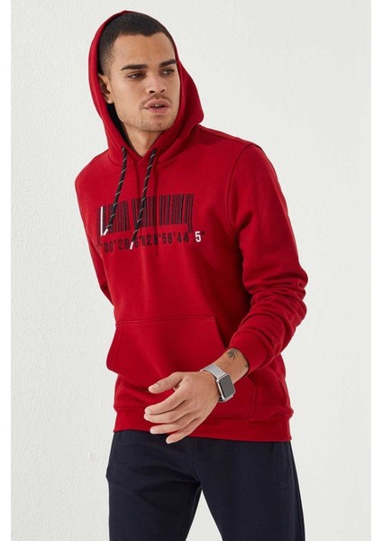 Kırmızı Nakışlı Kanguru Cep Standart Kalıp Kapüşonlu Erkek Sweatshirt - 87839