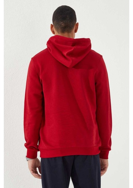 Kırmızı Nakışlı Kanguru Cep Standart Kalıp Kapüşonlu Erkek Sweatshirt - 87839