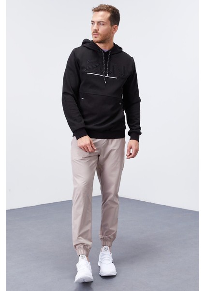 Siyah Yazı Nakışlı Standart Kalıp Kapüşonlu Erkek Sweatshirt - 87887