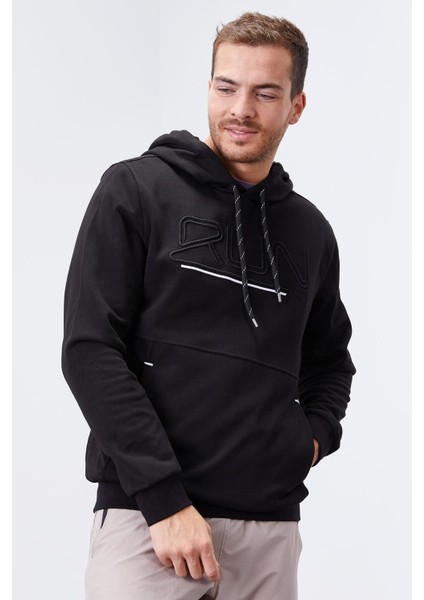 Siyah Yazı Nakışlı Standart Kalıp Kapüşonlu Erkek Sweatshirt - 87887