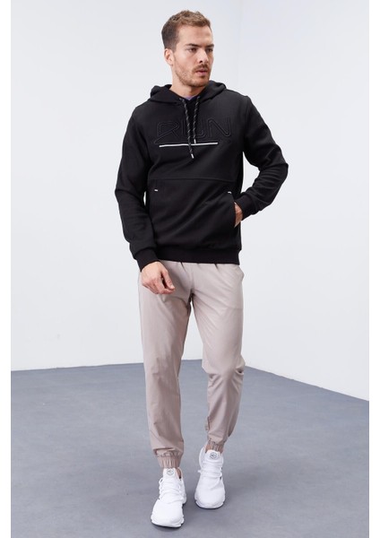 Siyah Yazı Nakışlı Standart Kalıp Kapüşonlu Erkek Sweatshirt - 87887