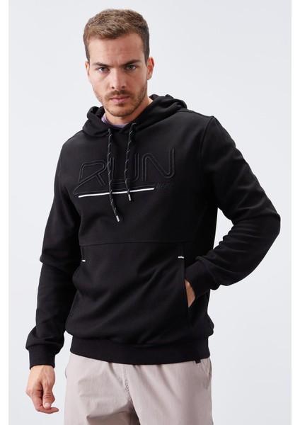 Siyah Yazı Nakışlı Standart Kalıp Kapüşonlu Erkek Sweatshirt - 87887