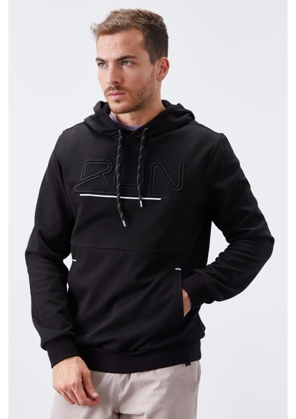 Siyah Yazı Nakışlı Standart Kalıp Kapüşonlu Erkek Sweatshirt - 87887