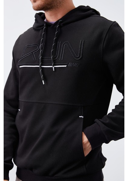 Siyah Yazı Nakışlı Standart Kalıp Kapüşonlu Erkek Sweatshirt - 87887