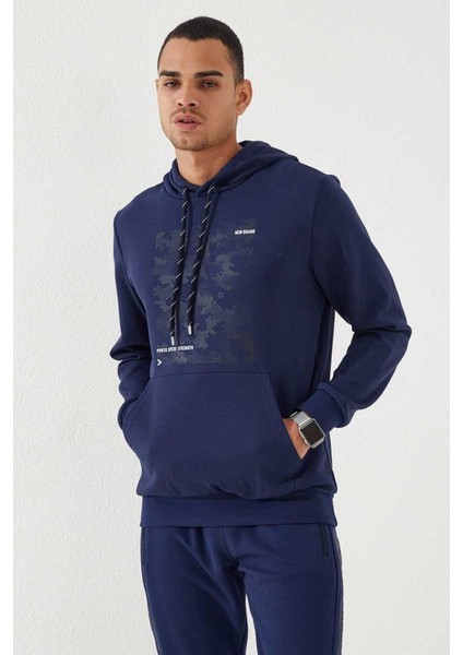 İndigo Kamuflaj Desen Baskılı Standart Kalıp Kapüşonlu Erkek Sweatshirt - 87884