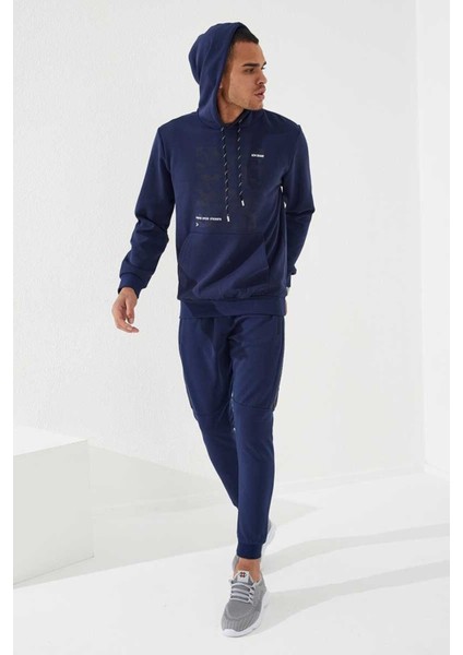 İndigo Kamuflaj Desen Baskılı Standart Kalıp Kapüşonlu Erkek Sweatshirt - 87884