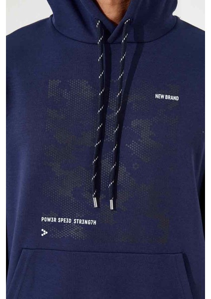 İndigo Kamuflaj Desen Baskılı Standart Kalıp Kapüşonlu Erkek Sweatshirt - 87884