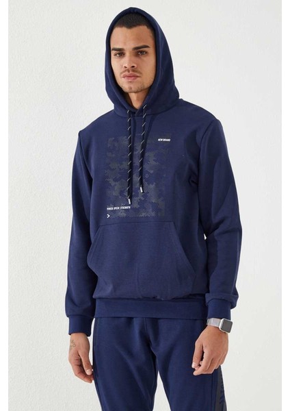İndigo Kamuflaj Desen Baskılı Standart Kalıp Kapüşonlu Erkek Sweatshirt - 87884