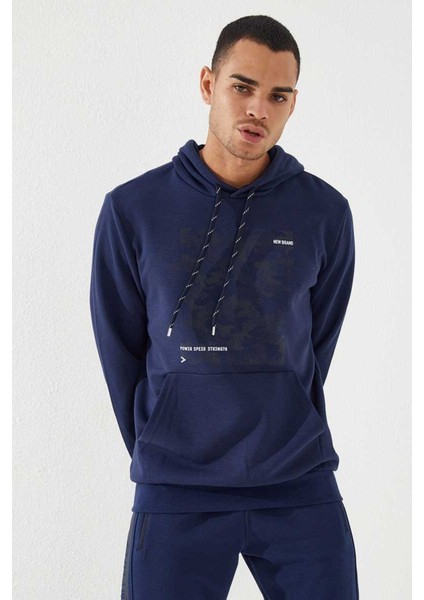 İndigo Kamuflaj Desen Baskılı Standart Kalıp Kapüşonlu Erkek Sweatshirt - 87884