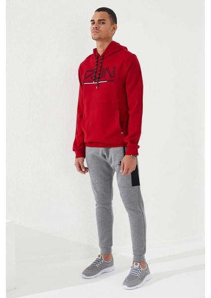 Kırmızı Yazı Nakışlı Standart Kalıp Kapüşonlu Erkek Sweatshirt - 87887