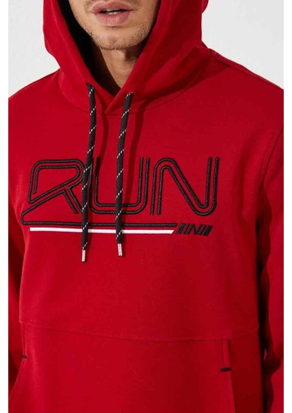 Kırmızı Yazı Nakışlı Standart Kalıp Kapüşonlu Erkek Sweatshirt - 87887