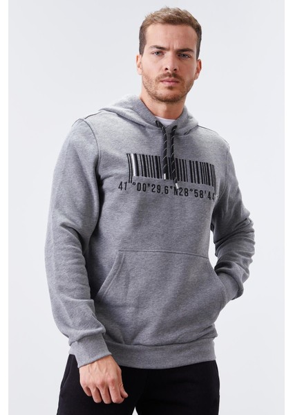 Gri Melanj Nakışlı Kanguru Cep Standart Kalıp Kapüşonlu Erkek Sweatshirt - 87839
