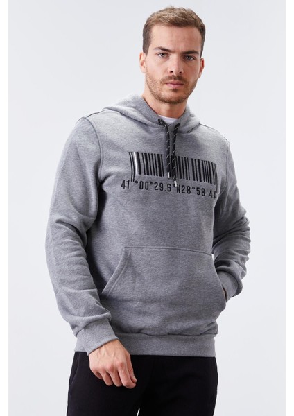 Gri Melanj Nakışlı Kanguru Cep Standart Kalıp Kapüşonlu Erkek Sweatshirt - 87839