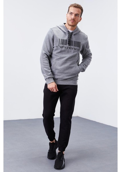 Gri Melanj Nakışlı Kanguru Cep Standart Kalıp Kapüşonlu Erkek Sweatshirt - 87839