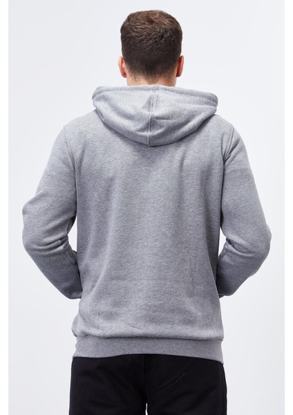 Gri Melanj Nakışlı Kanguru Cep Standart Kalıp Kapüşonlu Erkek Sweatshirt - 87839
