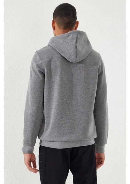 Gri Melanj Yazı Nakışlı Standart Kalıp Kapüşonlu Erkek Sweatshirt - 87887