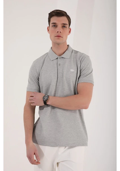 Tommy Life Tommy Life  Gri Melanj Erkek Basic Logolu Standart Kalıp Triko Polo Yaka T-Shirt - 87748