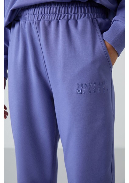 Eflatun O Yaka Oversize Lastik Paça Kadın Eşofman Takım - 95287