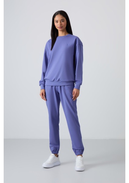Eflatun O Yaka Oversize Lastik Paça Kadın Eşofman Takım - 95287