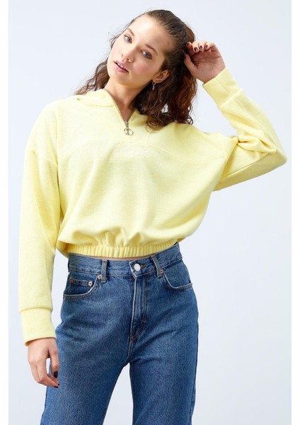 Limon Kapüşonlu Yarım Fermuar Selanik Kadın Oversize Triko Crop Top Sweathirt - 97193