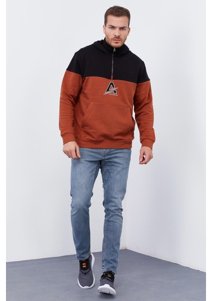 Tarçın Erkek Yarım Fermuar Standart Kalıp Kapüşonlu Sweatshirt - 88033