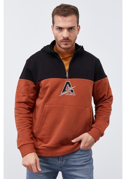 Tarçın Erkek Yarım Fermuar Standart Kalıp Kapüşonlu Sweatshirt - 88033