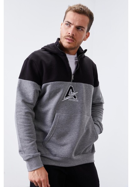 Gri Melanj Erkek Yarım Fermuar Standart Kalıp Kapüşonlu Sweatshirt - 88033