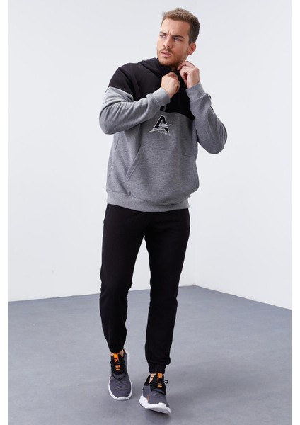 Gri Melanj Erkek Yarım Fermuar Standart Kalıp Kapüşonlu Sweatshirt - 88033