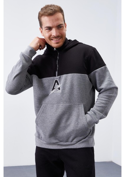 Gri Melanj Erkek Yarım Fermuar Standart Kalıp Kapüşonlu Sweatshirt - 88033