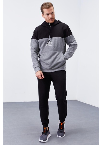 Gri Melanj Erkek Yarım Fermuar Standart Kalıp Kapüşonlu Sweatshirt - 88033
