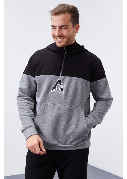 Gri Melanj Erkek Yarım Fermuar Standart Kalıp Kapüşonlu Sweatshirt - 88033