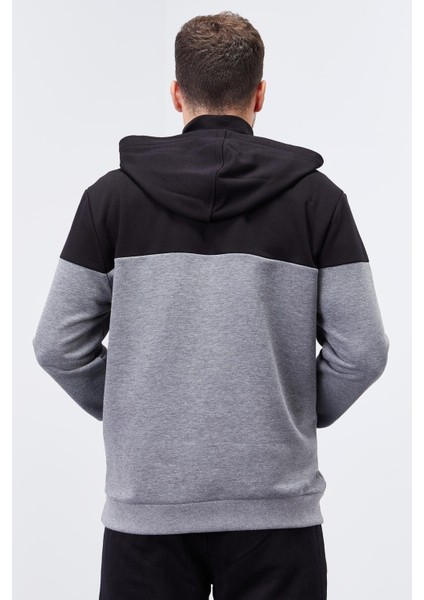 Gri Melanj Erkek Yarım Fermuar Standart Kalıp Kapüşonlu Sweatshirt - 88033